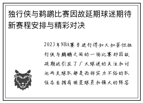 独行侠与鹈鹕比赛因故延期球迷期待新赛程安排与精彩对决
